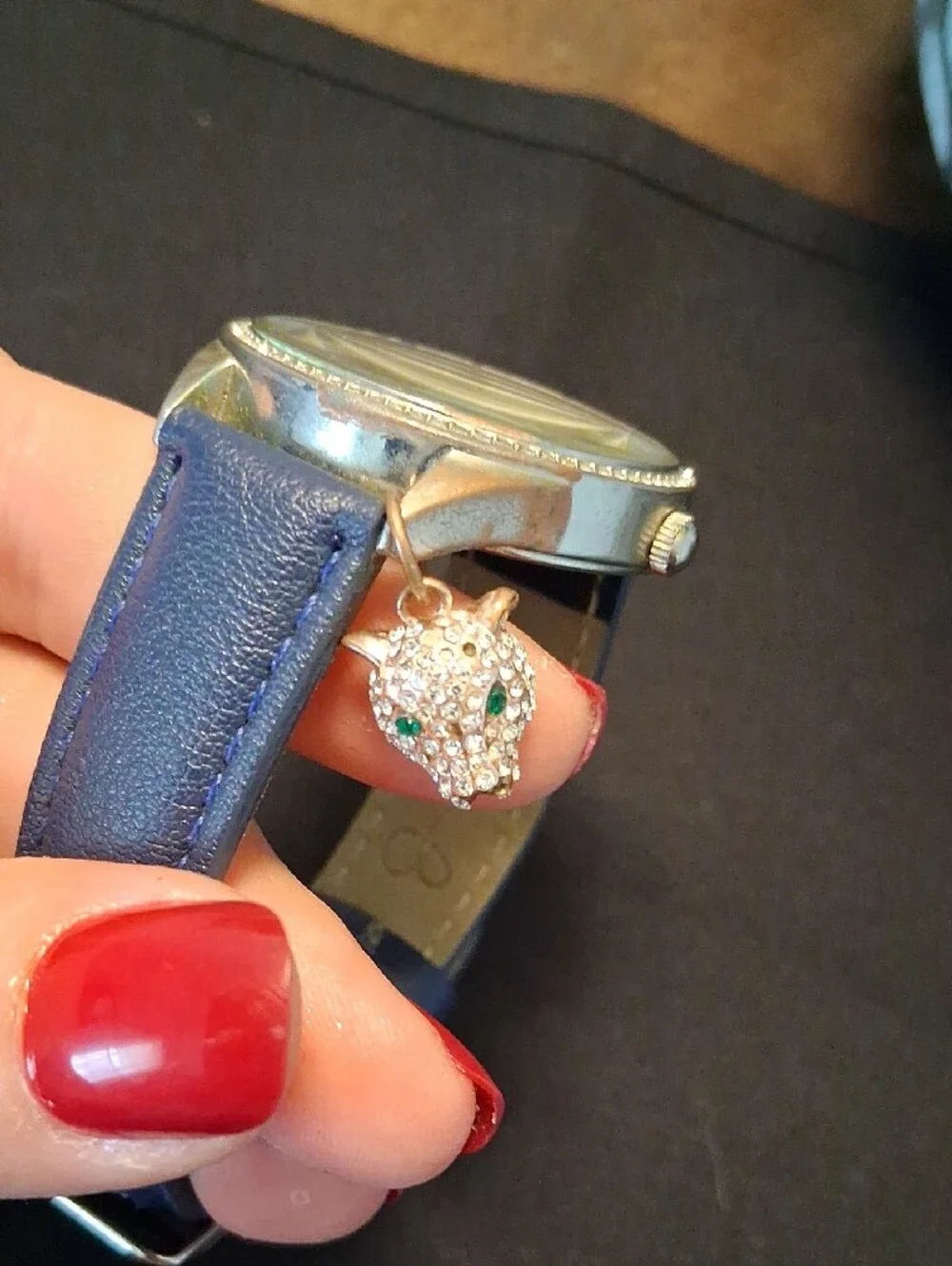 Jessica Simpson Navy and Rose Gold Accent Leather Watch with Crystal Charm